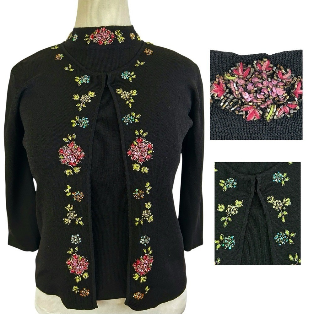 EURO-X Vintage Rhinestone SWEATER Twin SET M L Cardigan & Top Beaded Black Glam